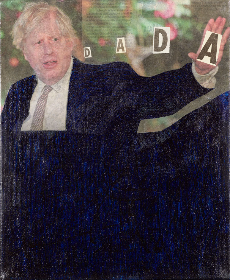 Ian Anüll, Dada by Boris, 2021, Zeitung und Farbe auf Leinwand, 30 × 24 cm, Courtesy of the artist and Mai 36 Galerie, Zürich