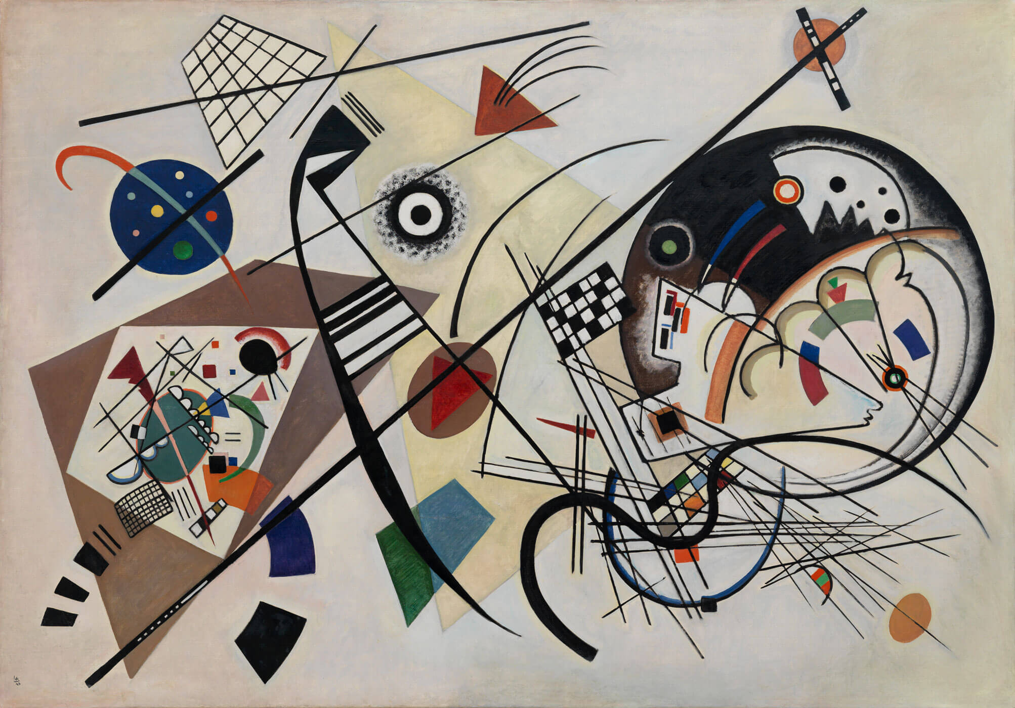 Wassily Kandinsky, Durchgehender Strich, 1923, Öl auf Leinwand, 141 × 202 cm, Kunstsammlung Nordrhein-Westfalen, Düsseldorf, erworben 1967 aus einer Spende des Westdeutschen Rundfunks, Foto: Walter Klein