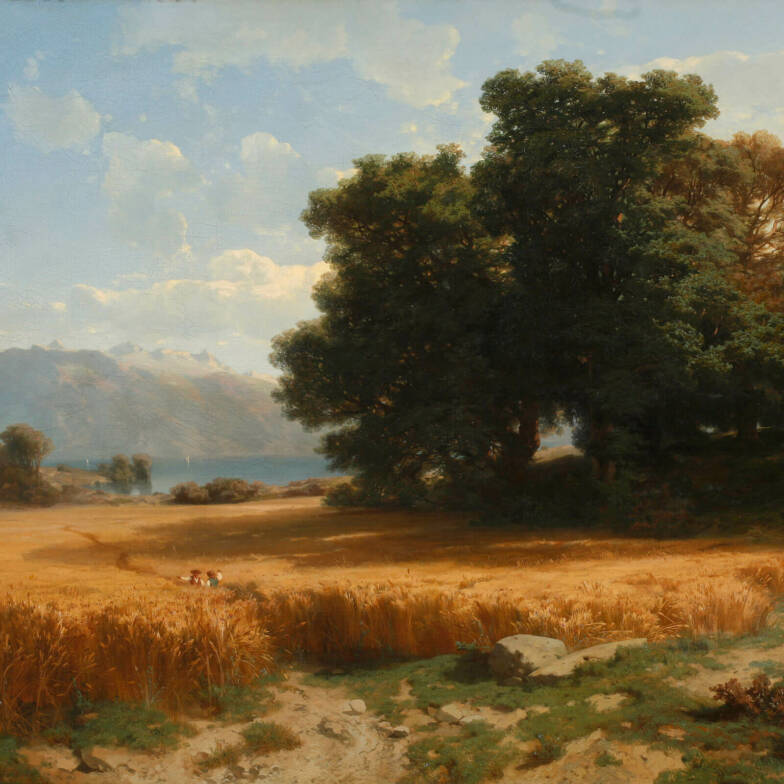 Alexandre Calame, Ährenfeld bei Evian, 1853, Öl auf Leinwand, 77.5 × 119 cm, Kunstmuseum Luzern, Depositum der Stiftung BEST Art Collection Luzern, vormals Bernhard Eglin-Stiftung